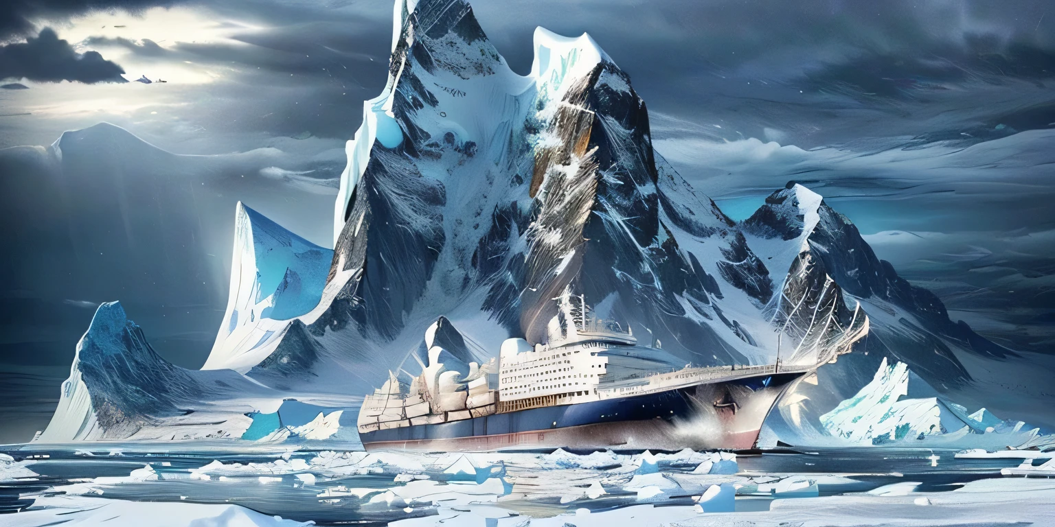 There is a large ship in the water near the iceberg, author：Howard Lyon, author：Richard Mayhew, Ship lost in storm, Antarctica, There are snow mountains and ice, Antarcticaa, by Ellen Sutherland, By Dan Scott, author：Mort Kunstler, author：Richard Hess, Dramatic Landscape, author：Leonard Long, Large graphic seine boat
