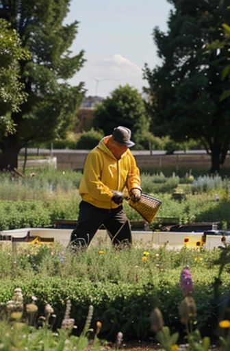 man with bees in the apiary