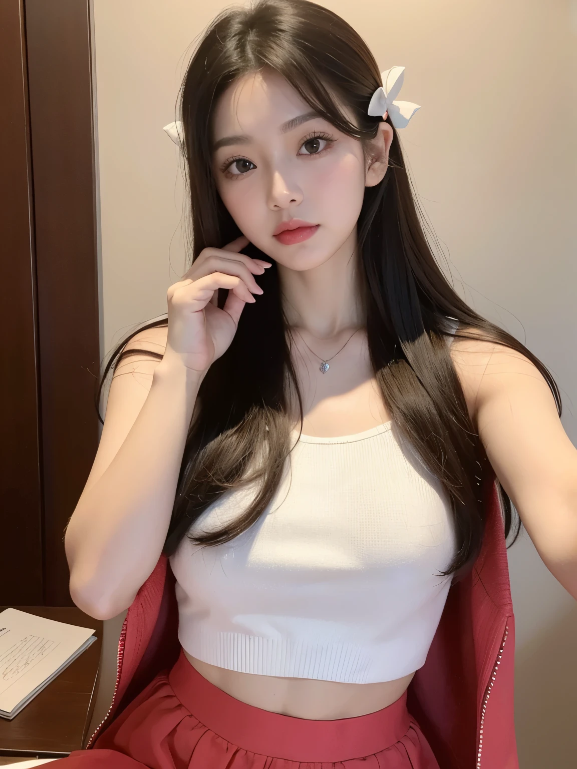 Kim Jennie with white brown hair, con rulos en las puntas, with two bows on each side of the hair, all her hair white brown, with a star clip in her white brown hair, ojos de color claro, ojos bonitos, ojos llorosos, nariz bonita y respingada, nariz lloroso, labios bonitos, labios rosas, heart and cupid shaped lip, piel bonita, pale, piel blanca, con lunares y pecas en todo el rostro, rubor rosa suave en las mejilla, rubor rosa natural, maquillaje suave y rosa, jennie, cuello bonito, cuello marcado, frown, mirada tierna, con un collar de beso, un collar bonito de beso, parecido a Yumeko Jabami, mientras lleva puesto un Crochet YK2, de lana, with a YK2 style brown mini skirt, mientras tiene el abdomen desnudo, delgado, marcado y bonito, (pechos grandes, pechos suaves, pechos bonitos), mientras esta haciendo cospaly del personaje Yumeko Jabami, del anime Kakegurui, mirando a la camara, autofoto, selfie bonita