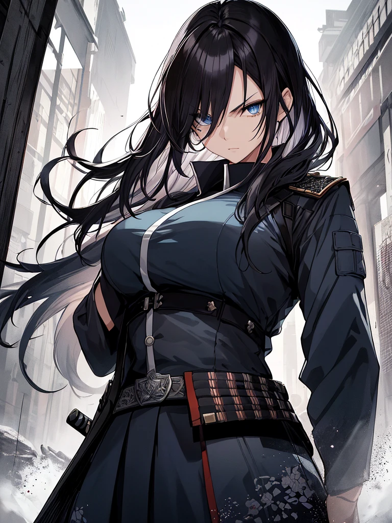 Japanese Katana Sword、Samurai sword、Full body、White one-piece military uniform、 Jet black head of hair,(masutepiece:1.2, Best Quality), (finely detailed beautiful eye: 1.2), (Detailed background,Dark Fantasy), (beautifull detailed face), High contrast, (Best Illumination, extremely delicate and beautiful), ((Cinematic Light)), Colorful, Hyper Detail, Dramatic light, Intricate details,Very blue eyes, Shining eyes, long hair flowing with the wind、large full breasts、Belt under the chest、White military uniform, skirt by the, large full breasts, Long hair fluttering in the wind, swords, jet-black hair, Blue eyes, Black tie, Belt under the chest, Serious look,