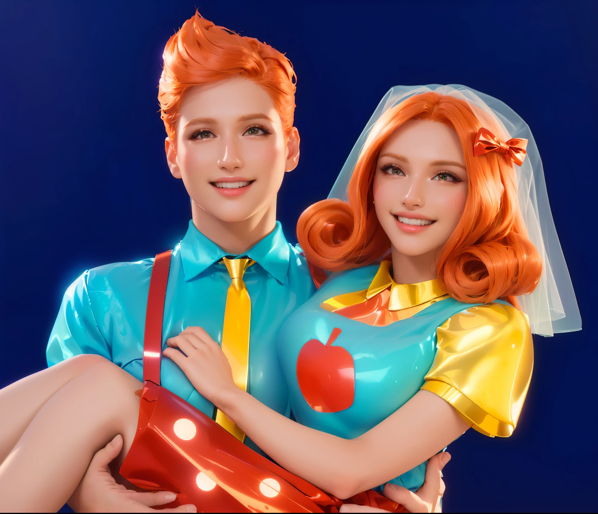 they are dressed up as a couple for a wedding, promotional art, advertising photo, slide show, promotional photo, promotional image, A man with orange hair holds a woman with red hair. They are both dressed in bright clothing. she is wearing a veil, glossy texture, smooth 3d model, multiple light sources, rim light, sharp post effects render, (glossy plastic texture with multiple big light probe refractions), perfect cgi, smooth silhouette, high intensity refraction, (super glossy material), most beautiful vfx, blue background, plastic refractions, realistic, 4k, high resolution, rim light, photo shoot, commercial photo, profile shot, 4k, rim light, high resolution, 4k, glossy texture, smooth 3d model, multiple light sources, rim light, sharp post effects render, (glossy metallic texture with multiple big light probe refractions),