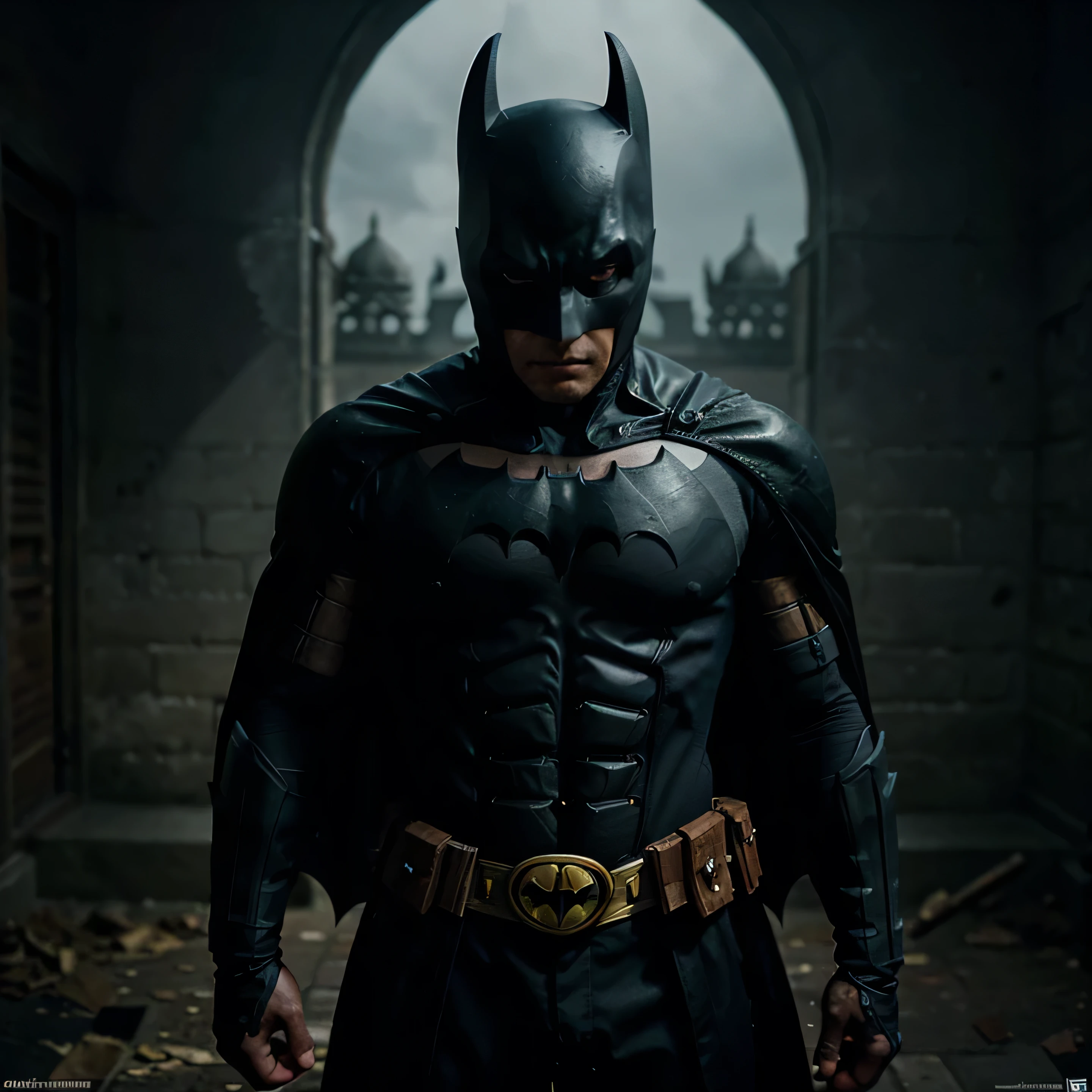 Batman in his outfit with the injection of Malay warrior outfit elements, using keris as his weapon, gloomy ambience, dark and gothic, poster art