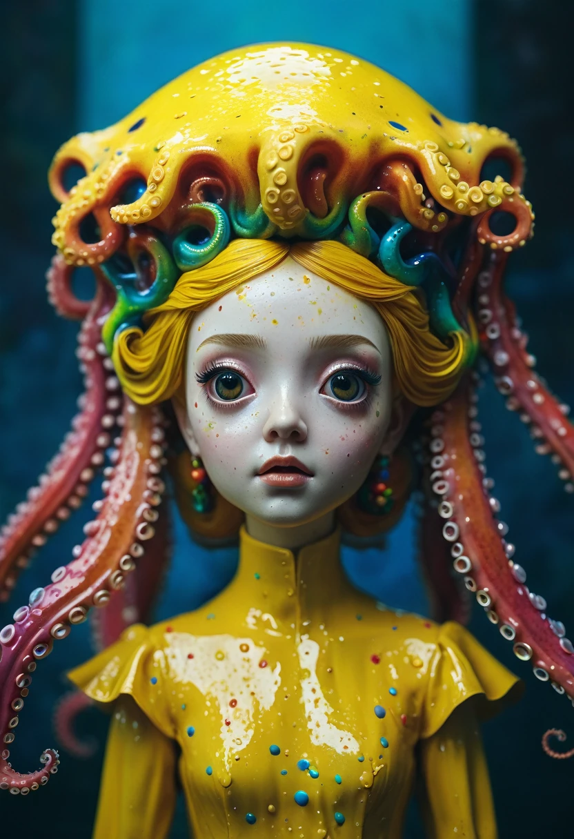8K, ARTISTIC photogrAphy, best quAlity, mAsterpiece: 1.2), A (potrAit:1.2) witch BLOOD Toon Doll Cthulhu QUEEN, RAINBOW many octopus style tentacles, full body RAW candid cinema, yellow hair, 16mm, color graded portra 400 film, remarkable color, ultra realistic, sad admosphere, dark lighting, oppressive atmosphere, depressive colors, kodak portra 400, photograph,r, Natural Light, Pinhead lighgts, blur reflection, Brush Strokes, Smooth, abstract, Splatter, Oil On Canvas, rainbow colors, fractal isometrics details bioluminescens : a stunning realistic photograph of wet bone structure, 3d render, octane render, intricately detailed, titanium decorative headdress, cinematic, trending on artstation | Isometric | Centered