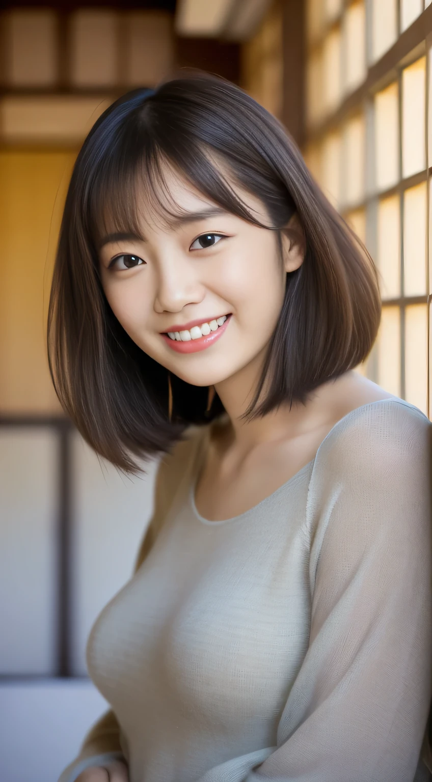 masterpiece,best quality,(Japanese ),((Beautiful girl)),((Clothes that are very clingy to the body)),indoor,(perfect body beauty:1.2),(shy smile),beautiful teeth,