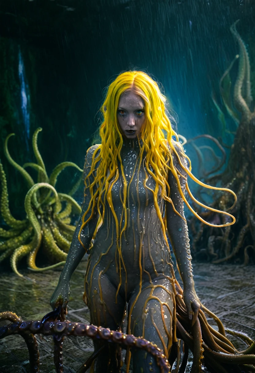 8K, ARTISTIC photogrAphy, best quAlity, mAsterpiece: 1.2), A (potrAit:1.2) witch BLOOD Cthulhu SOLDIER, EYES, WHITE RUST many octopus style tentacles, full body RAW candid cinema, yellow hair, 16mm, color graded portra 400 film, remarkable color, ultra realistic, sad admosphere, dark lighting, oppressive atmosphere, depressive colors, kodak portra 400, photograph,r, Natural Light, Pinhead lighgts, blur reflection, Brush Strokes, Smooth, abstract, Splatter, Oil On Canvas, rainbow colors, fractal isometrics details bioluminescens : a stunning realistic photograph of wet bone structure, 3d render, octane render, intricately detailed, titanium decorative headdress, cinematic, trending on artstation | Isometric | Centered
