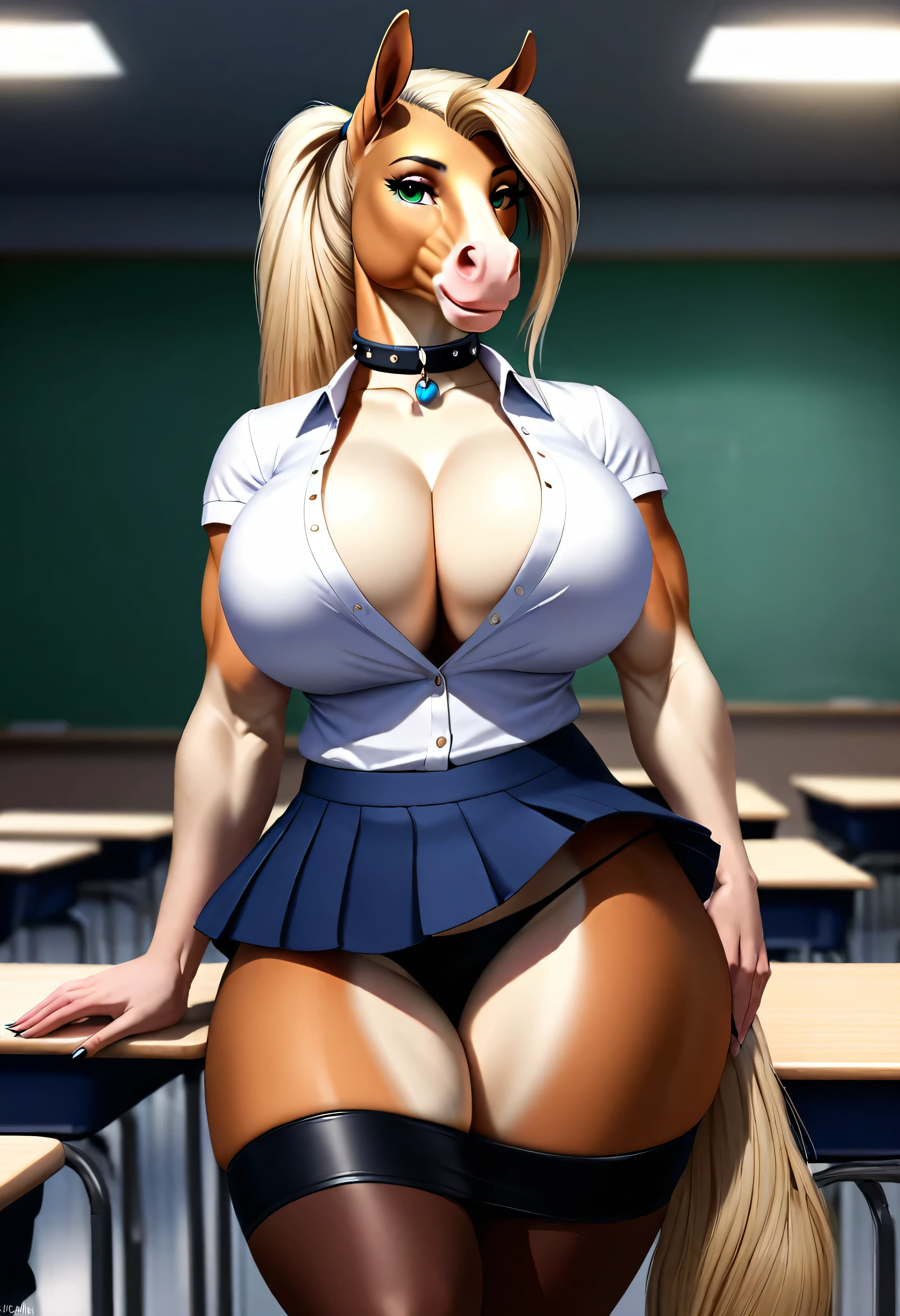 4k highly detailed realistic digital extremely high quality drawing, masterpiece, (by keeltheequine), (uploaded on e621), (a full-body portrait of a female anthro palomino horse), ((posing in a classroom)), ((wearing a collar and sexy teacher's outfit with mini skirt)), (beautiful and detailed eyes:1.1), (ponytail), fur, seductive, sexy, voluptuous, curvy body, hourglass figure, large breasts, muscles, cinematic lighting, (f1.8 short focus bokeh)