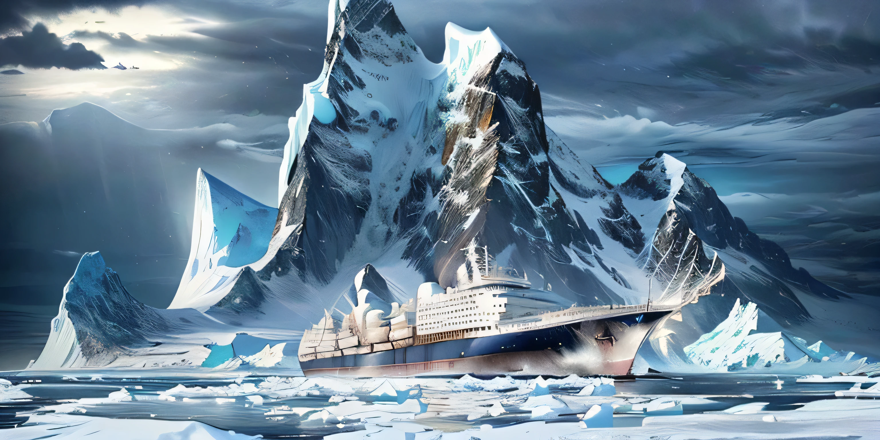 There is a large ship in the water near the iceberg, author：Howard Lyon, author：Richard Mayhew, Ship lost in storm, Antarctica, There are snow mountains and ice, Antarcticaa, by Ellen Sutherland, By Dan Scott, author：Mort Kunstler, author：Richard Hess, Dramatic Landscape, author：Leonard Long, Large graphic seine boat