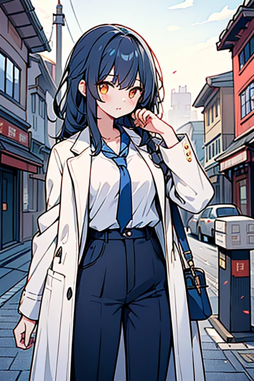girl、((AAA Cup))、university student、Mature、Dark blue hair、Medium、Orange Eyes、Sharp Eyes、((Narrow eyes))、White y-shirt、Black suit pants、((A plain navy blue coat))、In town、Looking at smartphone、Waiting for someone