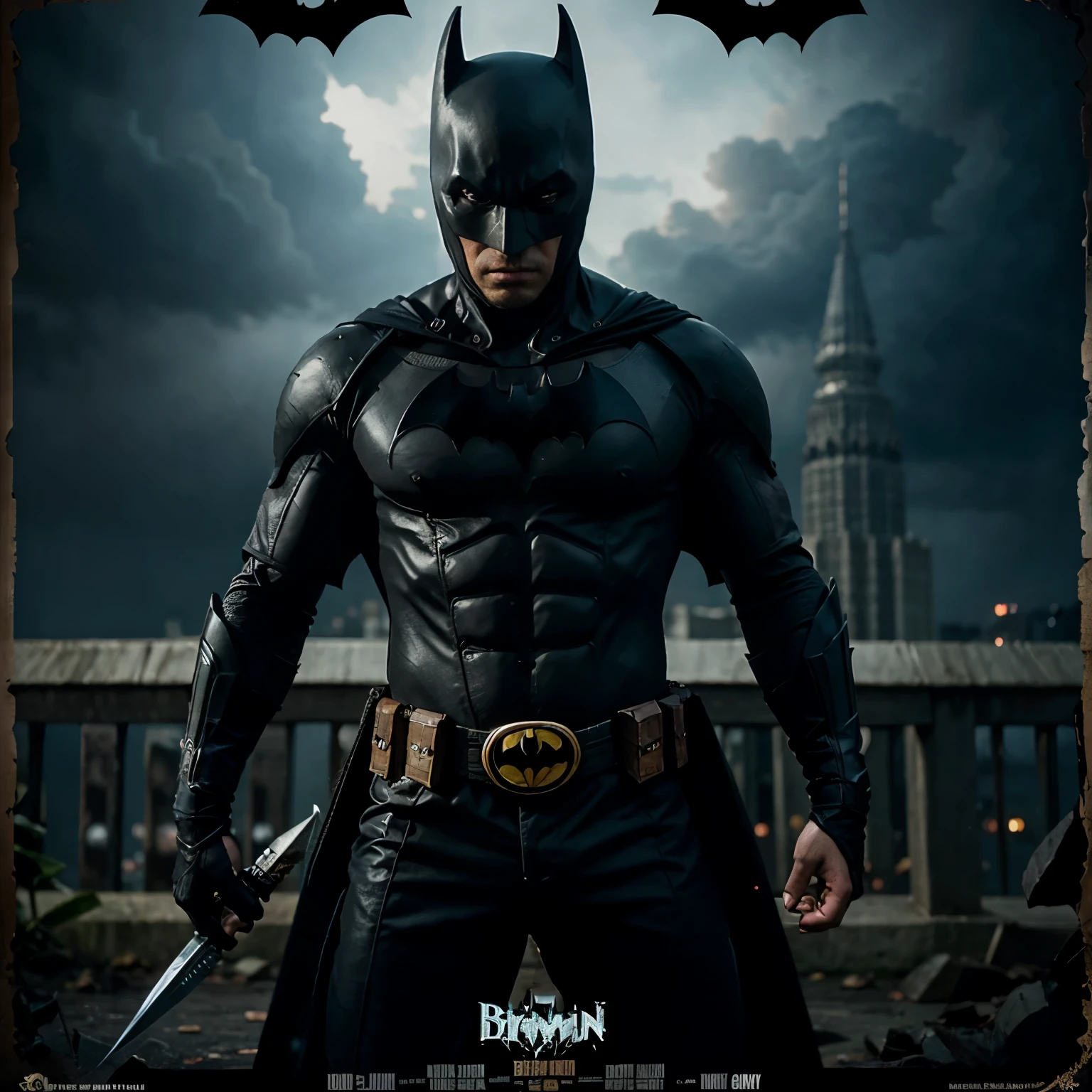 Batman in his outfit with the injection of Malay warrior outfit, brandishing a keris as his weapon, dark, gloomy, gothic, poster art