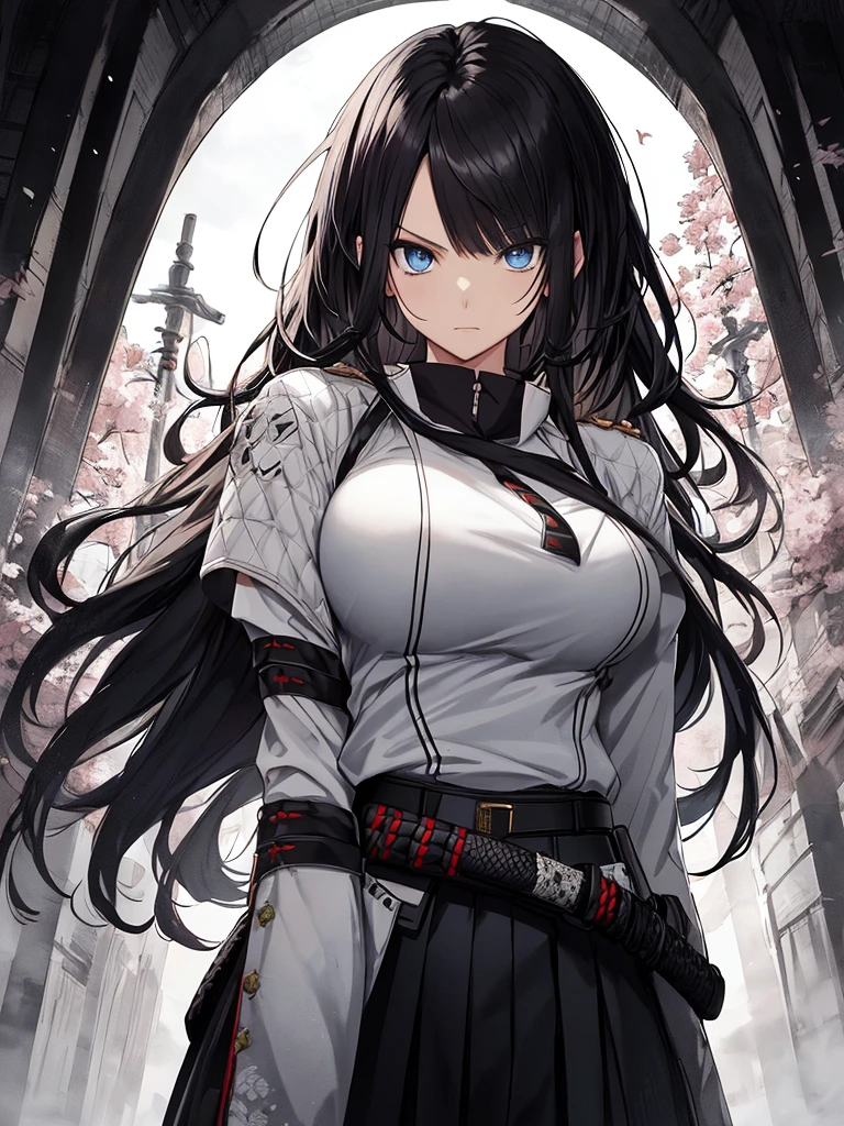 Japanese Katana Sword、Samurai sword、Full body、White one-piece military uniform、 Jet black head of hair,(masutepiece:1.2, Best Quality), (finely detailed beautiful eye: 1.2), (Detailed background,Dark Fantasy), (beautifull detailed face), High contrast, (Best Illumination, extremely delicate and beautiful), ((Cinematic Light)), Colorful, Hyper Detail, Dramatic light, Intricate details,Very blue eyes, Shining eyes, long hair flowing with the wind、large full breasts、Belt under the chest、White military uniform, skirt by the, large full breasts, Long hair fluttering in the wind, swords, jet-black hair, Blue eyes, Black tie, Belt under the chest, Serious look,