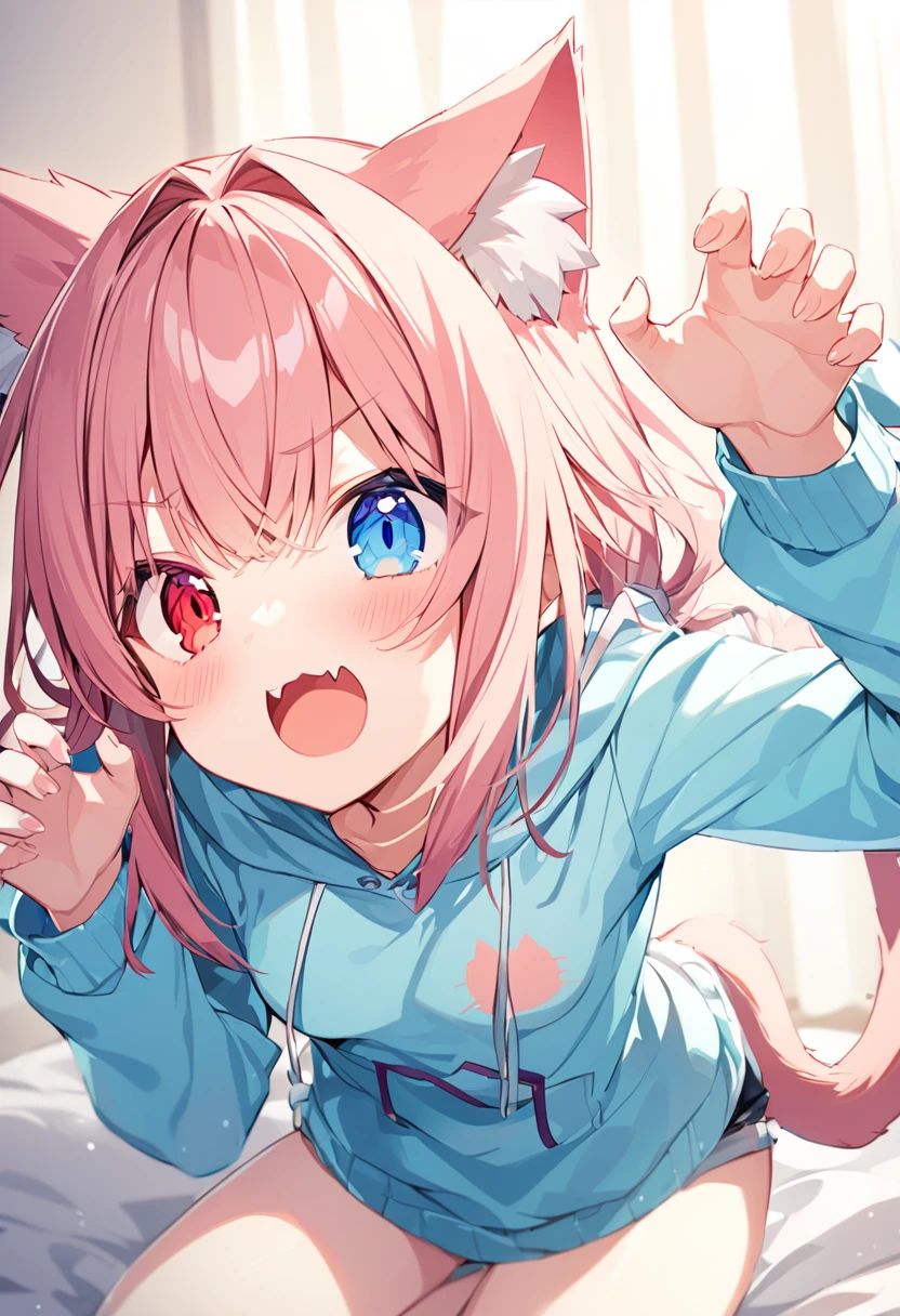 girl,hoodie,On the bed,Excited,Heterochromia Red Eyes Blue Eyes,Small breasts,Cat ear,Feline tail,claw pose