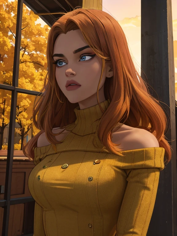 Photo of a 20-year-old solo girl, with long, loose golden hair, a colossal presence, looking directly at the spectator with brown, captivating eyes, adorned with jewelry. Her entire body is in the frame, wearing a sweater and showcasing a sexy, realistic allure, with her shoulders bared and a collar peeking out from beyond her shoulders. (best quality, highres, ultra-detailed: 1.2), Golden hour lighting, outdoor, atmospheric, autumn landscape, crisp leaves, rustic textures, (the highest quality, 16k, masterpiece: 1.3).
