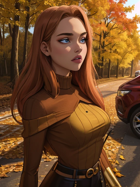 Photo of a 20-year-old solo girl, with long, loose golden hair, a colossal presence, looking directly at the spectator with brown, captivating eyes, adorned with jewelry. Her entire body is in the frame, wearing a sweater and showcasing a sexy, realistic allure, with her shoulders bared and a collar peeking out from beyond her shoulders. (best quality, highres, ultra-detailed: 1.2), Golden hour lighting, outdoor, atmospheric, autumn landscape, crisp leaves, rustic textures, (the highest quality, 16k, masterpiece: 1.3).