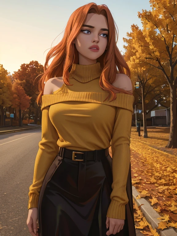 Photo of a 20-year-old solo girl, with long, loose golden hair, a colossal presence, looking directly at the spectator with brown, captivating eyes, adorned with jewelry. Her entire body is in the frame, wearing a sweater and showcasing a sexy, realistic allure, with her shoulders bared and a collar peeking out from beyond her shoulders. (best quality, highres, ultra-detailed: 1.2), Golden hour lighting, outdoor, atmospheric, autumn landscape, crisp leaves, rustic textures, (the highest quality, 16k, masterpiece: 1.3).