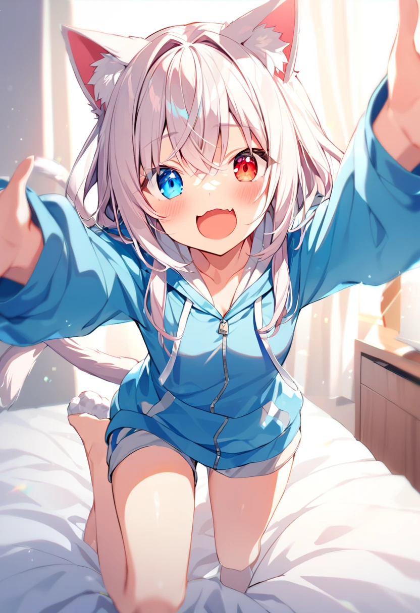 girl,hoodie,On the bed,Excited,Heterochromia Red Eyes Blue Eyes,Small breasts,Cat ear,Feline tail,open arms for viewer