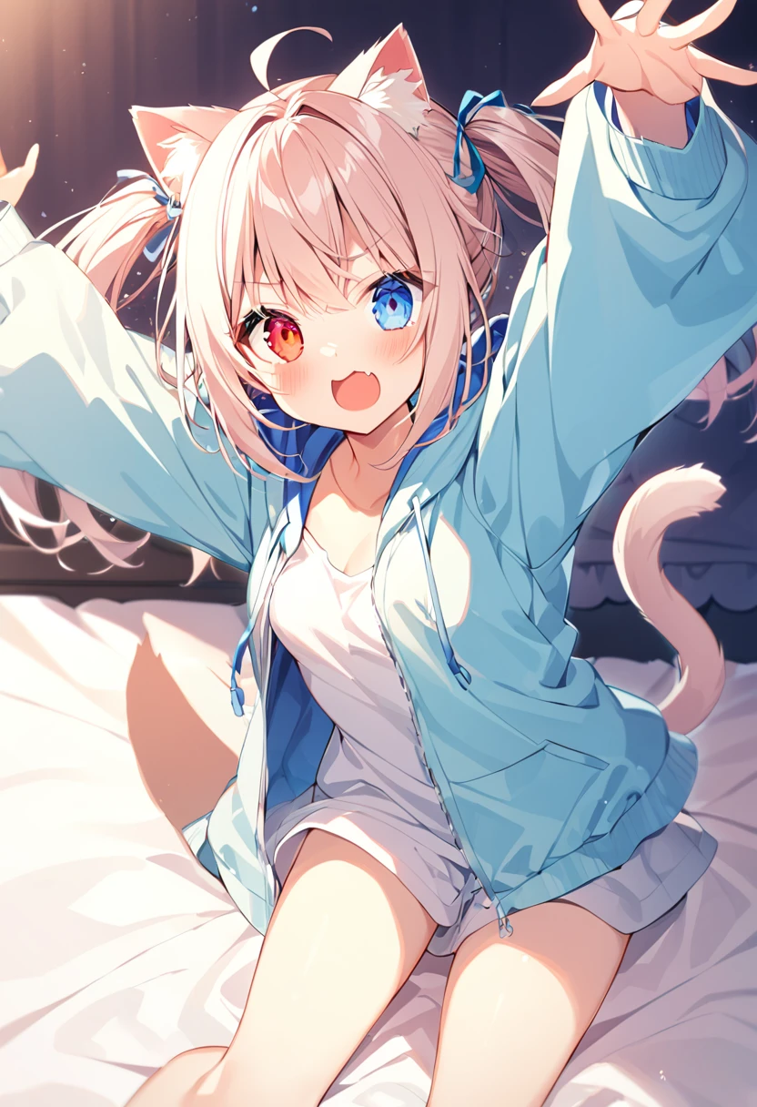 girl,hoodie,On the bed,Excited,Heterochromia Red Eyes Blue Eyes,Small breasts,Cat ear,Feline tail,open arms for viewer
