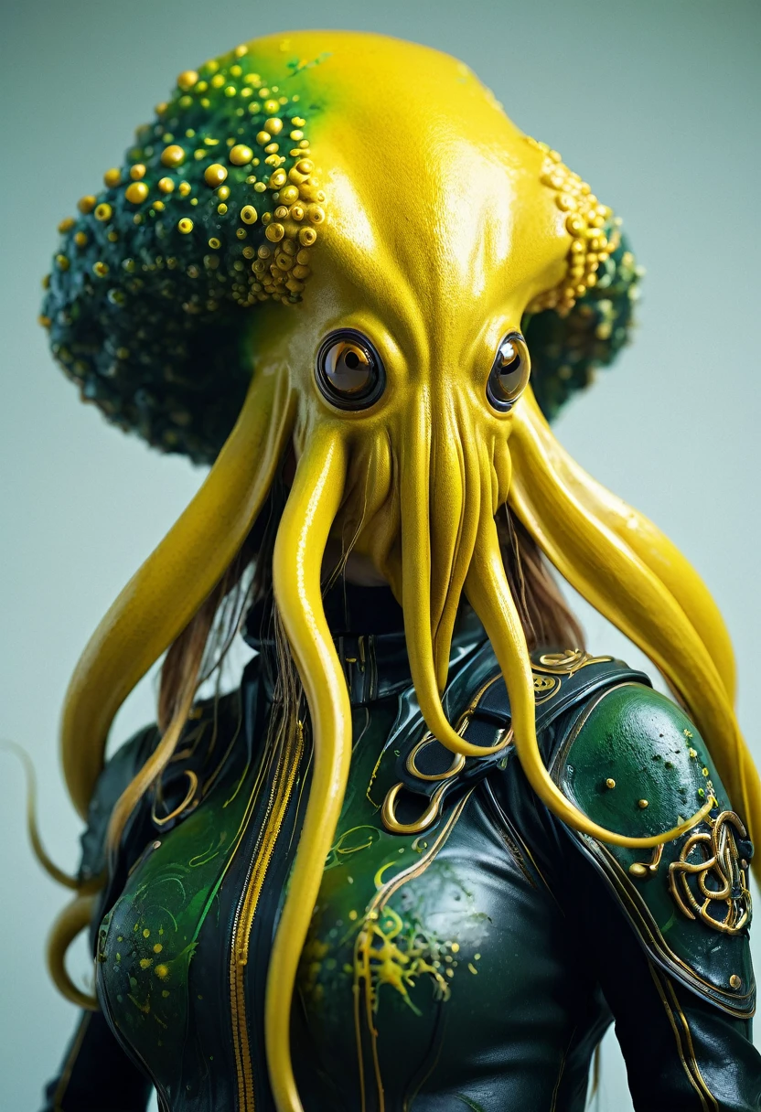 8K, ARTISTIC photogrAphy, best quAlity, mAsterpiece: 1.2), A (potrAit:1.2)  witch  Cthulhu   soldier, YELLOW-BLACK many octopus style tentacles, full body RAW candid cinema, yellow hair, 16mm, color graded portra 400 film, remarkable color, ultra realistic, sad admosphere, dark lighting, oppressive atmosphere, depressive colors, kodak portra 400, photograph,r, Natural Light, Pinhead lighgts, blur reflection, Brush Strokes, Smooth, abstract, Splatter, Oil On Canvas, rainbow colors, fractal isometrics details bioluminescens : a stunning realistic photograph of wet bone structure, 3d render, octane render, intricately detailed, titanium decorative headdress, cinematic, trending on artstation | Isometric | Centered