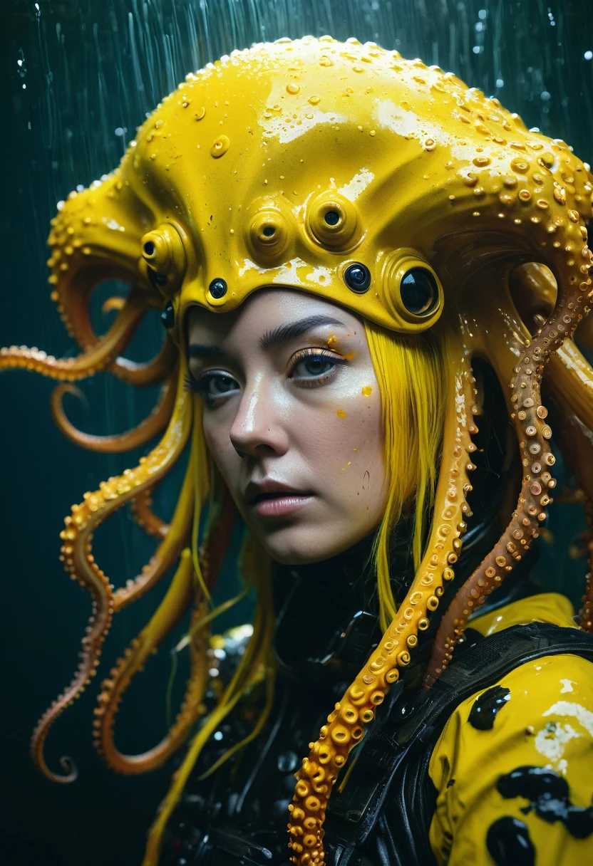 8K, ARTISTIC photogrAphy, best quAlity, mAsterpiece: 1.2), A (potrAit:1.2) witch Cthulhu soldier, YELLOW-BLACK many octopus style tentacles, full body RAW candid cinema, yellow hair, 16mm, color graded portra 400 film, remarkable color, ultra realistic, sad admosphere, dark lighting, oppressive atmosphere, depressive colors, kodak portra 400, photograph,r, Natural Light, Pinhead lighgts, blur reflection, Brush Strokes, Smooth, abstract, Splatter, Oil On Canvas, rainbow colors, fractal isometrics details bioluminescens : a stunning realistic photograph of wet bone structure, 3d render, octane render, intricately detailed, titanium decorative headdress, cinematic, trending on artstation | Isometric | Centered