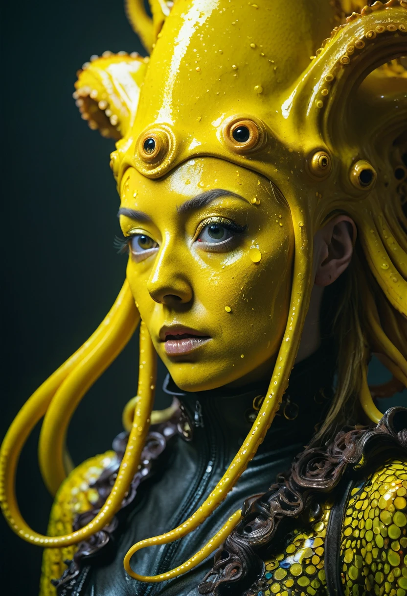 8K, ARTISTIC photogrAphy, best quAlity, mAsterpiece: 1.2), A (potrAit:1.2)  witch  Cthulhu   soldier, YELLOW-BLACK many octopus style tentacles, full body RAW candid cinema, yellow hair, 16mm, color graded portra 400 film, remarkable color, ultra realistic, sad admosphere, dark lighting, oppressive atmosphere, depressive colors, kodak portra 400, photograph,r, Natural Light, Pinhead lighgts, blur reflection, Brush Strokes, Smooth, abstract, Splatter, Oil On Canvas, rainbow colors, fractal isometrics details bioluminescens : a stunning realistic photograph of wet bone structure, 3d render, octane render, intricately detailed, titanium decorative headdress, cinematic, trending on artstation | Isometric | Centered