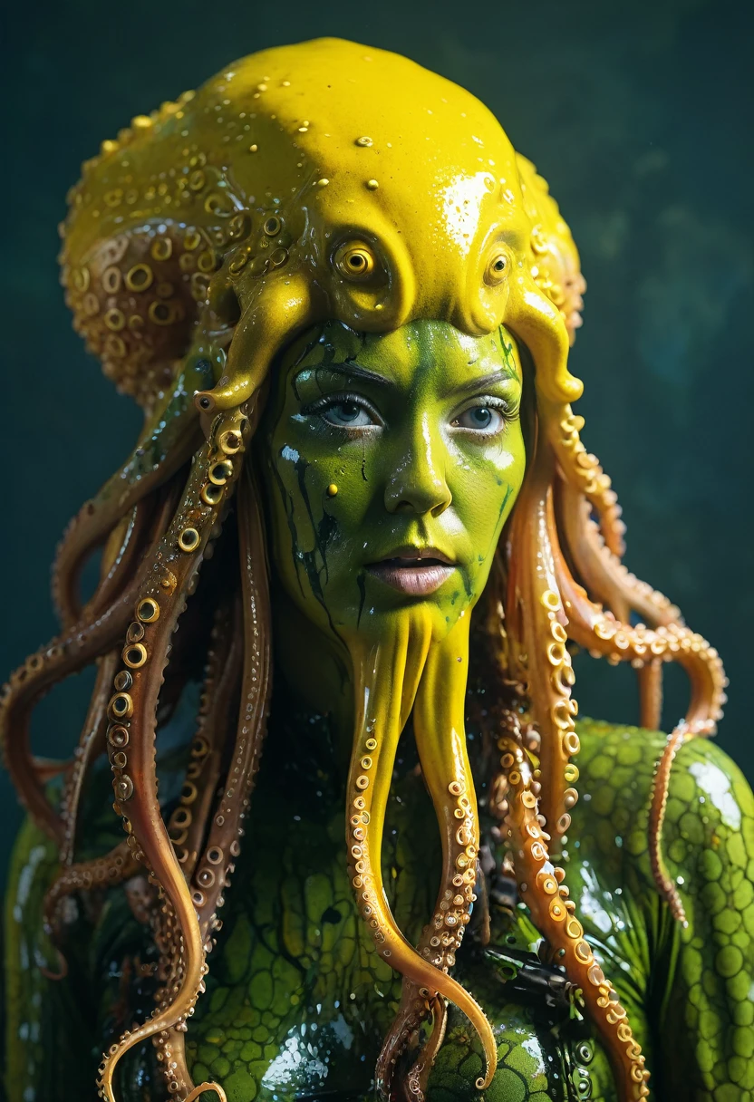 8K, ARTISTIC photogrAphy, best quAlity, mAsterpiece: 1.2), A (potrAit:1.2) witch Cthulhu soldier, YELLOW-BLACK many octopus style tentacles, full body RAW candid cinema, yellow hair, 16mm, color graded portra 400 film, remarkable color, ultra realistic, sad admosphere, dark lighting, oppressive atmosphere, depressive colors, kodak portra 400, photograph,r, Natural Light, Pinhead lighgts, blur reflection, Brush Strokes, Smooth, abstract, Splatter, Oil On Canvas, rainbow colors, fractal isometrics details bioluminescens : a stunning realistic photograph of wet bone structure, 3d render, octane render, intricately detailed, titanium decorative headdress, cinematic, trending on artstation | Isometric | Centered