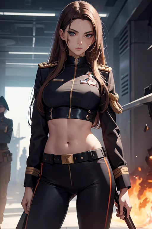 Woman, dictator, villain, crop top uniform military showing navel, guard around , evil background , realistic bellybutton 