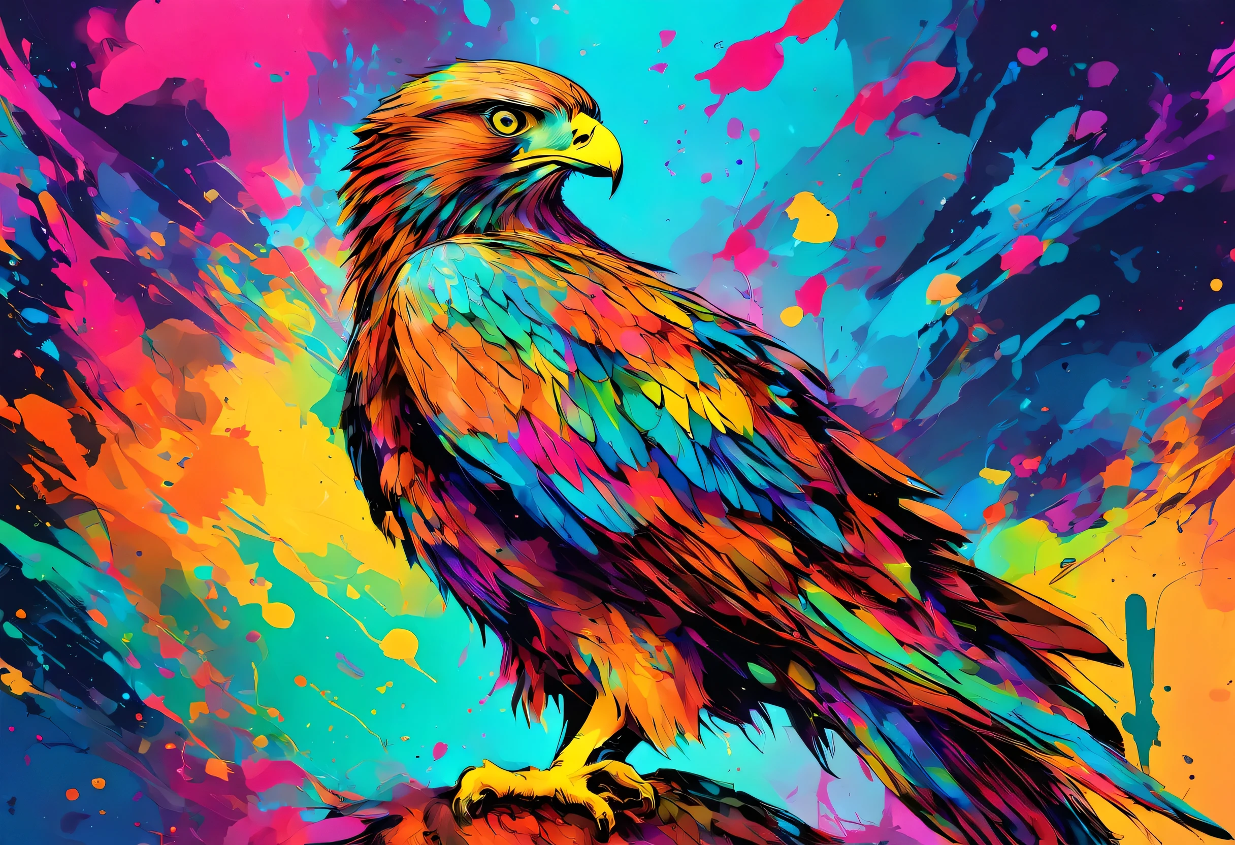 A Hawk with colorful paint on its whole body and leaves, vector art:Zahari Zograf, Trending on Pexels, psychedelic art, Rich in color and detail, A complex and colorful masterpiece, art:Alessandro Pautasso, very complex and colorful, colorful hd images, A colorful and intricate masterpiece, High quality HD digital art, great digital art, very colorful