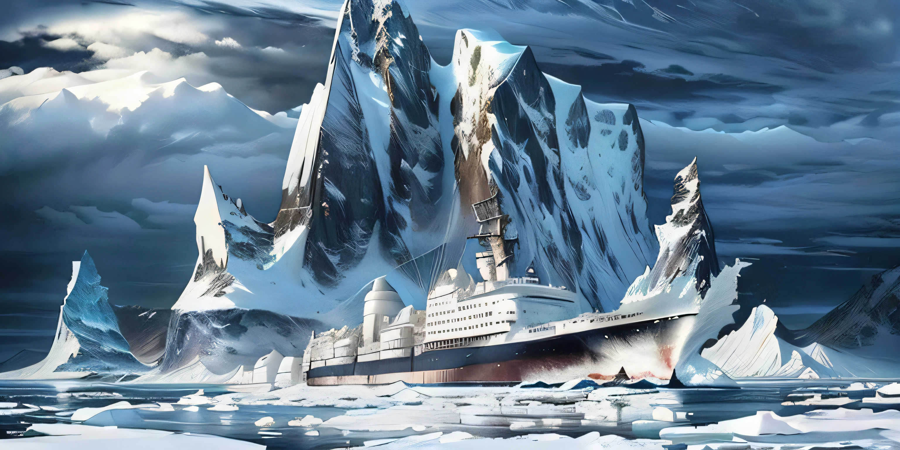 There is a large ship in the water near the iceberg, author:Howard Lyon, author:Richard Mayhew, Ship lost in storm, Antarctica, There are snow mountains and ice, Antarcticaa, by Ellen Sutherland, By Dan Scott, author:Mort Kunstler, author:Richard Hess, Dramatic Landscape, author:Leonard Long, Large graphic seine boat