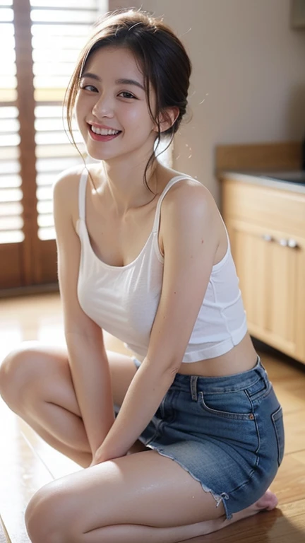 (Official Art、highest quality、Unity 8k wallpaper、32k、masterpiece、Ultra-detailed、超A high resolution、Realistic、Photorealistic:1.2)、(Natural soft light:1.2)、Fire Glow Effect、Film Grain、Best Shadow、Rim lighting、Side light、Side Shot、(Highly detailed and complex 3D rendering)、詳細なBeautiful Faceと目、Sharp pupils、Realistic生徒、Full Body, Sandy Beach、Beautiful Face、Blurred Background、18 year old beautiful girl、Glowing Skin、Beautiful wet black hair、I pulled up my wet shirt、Wet Check Mini Skirt、(Thighs Thighs Thighs:0.9)、barefoot、curve、Dynamic pose、Open mouth smile、Two Girls、
