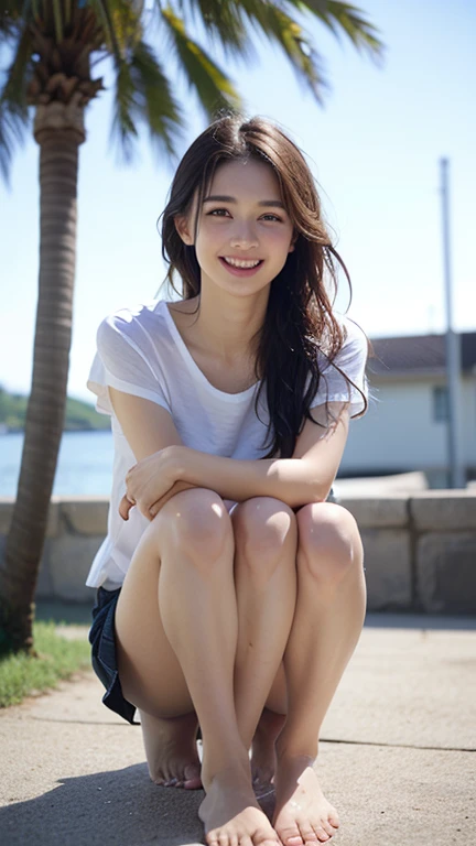 (Official Art、highest quality、Unity 8k wallpaper、32k、masterpiece、Ultra-detailed、超A high resolution、Realistic、Photorealistic:1.2)、(Natural soft light:1.2)、Fire Glow Effect、Film Grain、Best Shadow、Rim lighting、Side light、Side Shot、(Highly detailed and complex 3D rendering)、詳細なBeautiful Faceと目、Sharp pupils、Realistic生徒、Full Body, Sandy Beach、Beautiful Face、Blurred Background、18 year old beautiful girl、Glowing Skin、Beautiful wet black hair、I pulled up my wet shirt、Wet Check Mini Skirt、(Thighs Thighs Thighs:0.9)、barefoot、curve、Dynamic pose、Open mouth smile、Two Girls、