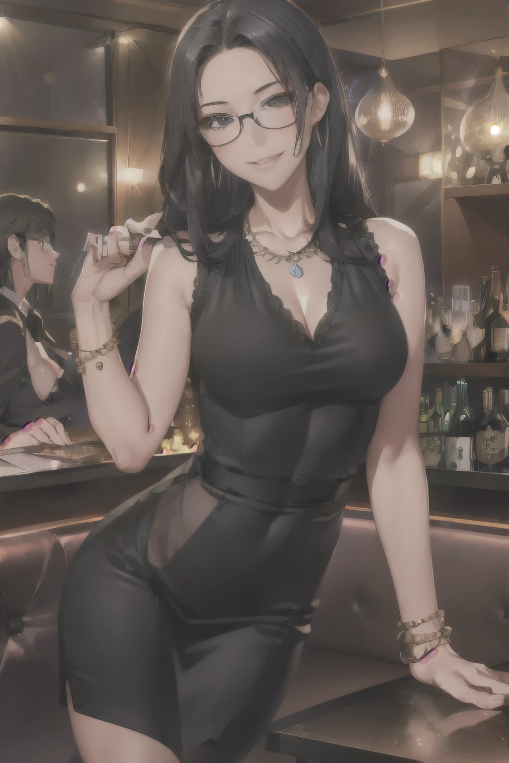 best quality, ultra-detailed, illustration, glasses,
cabaret, scenery, bar (place), indoors, chair, table, light,
1girl, solo, jewelry, long hair, necklace, smile, black hair, looking at viewer, black dress, sleeveless dress, bracelet, sitting, drinking glass, alcohol, 
 