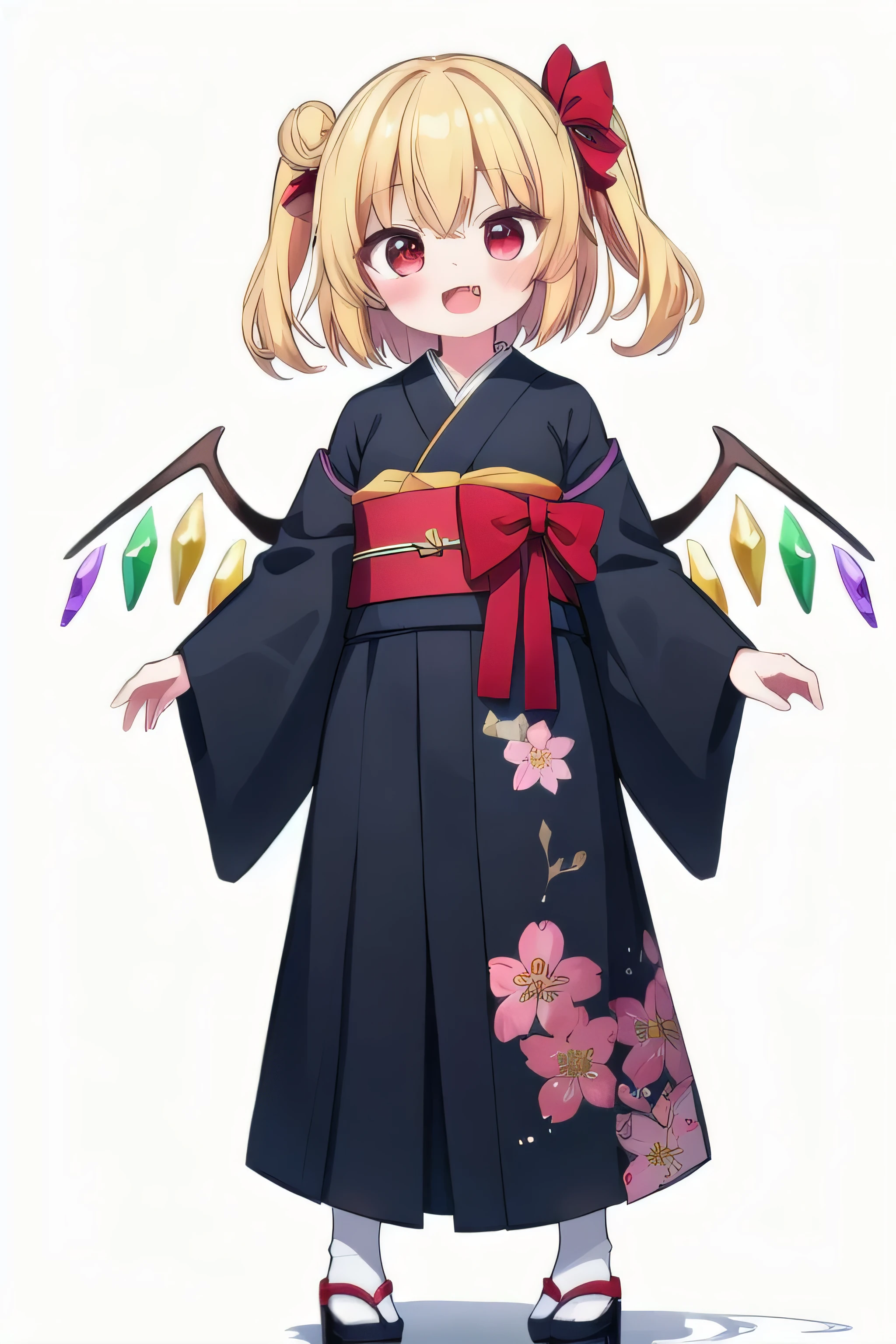 masterpiece, top quality, super detailed, CG illustration, high resolution, better lighting, best shadows, very delicate and beautiful, proper shading, hd, 8k,flandre scarlet, 1girl, solo, looking at viewer, blush, smile, short hair, open mouth, bangs, blonde hair, simple background, red eyes, long sleeves, white background, standing, full body, :d, frills, japanese clothes, wings, alternate costume, fang, wide sleeves, kimono, hair bun, black footwear, sash, one side up, obi, floral print, crystal, red kimono