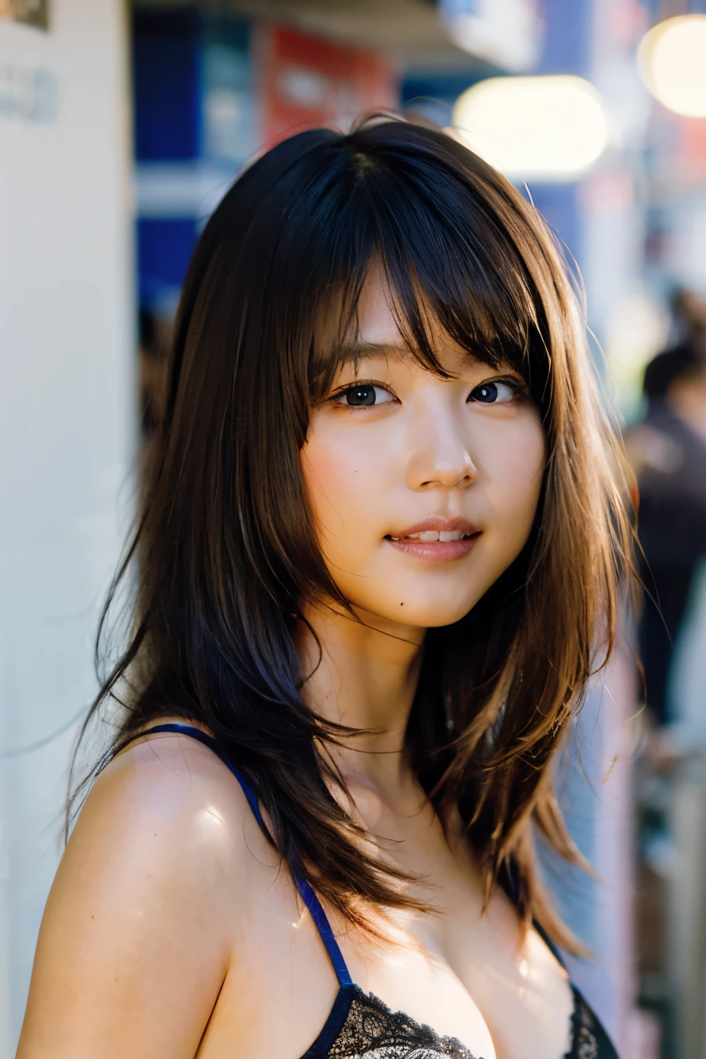(8k, RAW Photos, highest quality, masterpiece: 1.2), (Realistic, photoRealistic: 1.37), Super detailed, Ultra-high resolution, One Girl, Viewers Show, Beautifully detailed face, smile, big, narrow, (Narrow waist): 1.3), lingerie, Beautifully detailed skin, Skin Texture, Floating Hair, Professional Lighting,