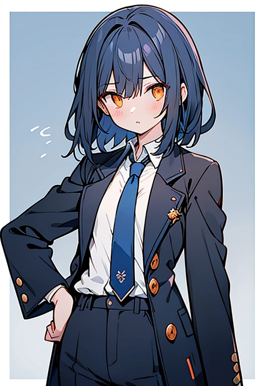 girl、（（Flat chest））、university student、Mature、Dark blue hair、Medium、Orange Eyes、Sharp Eyes、（（Narrow eyes））、Y-shirt、Black suit pants、Blue tie、（（A plain navy blue coat））、In town、Looking at smartphone、Waiting for someone