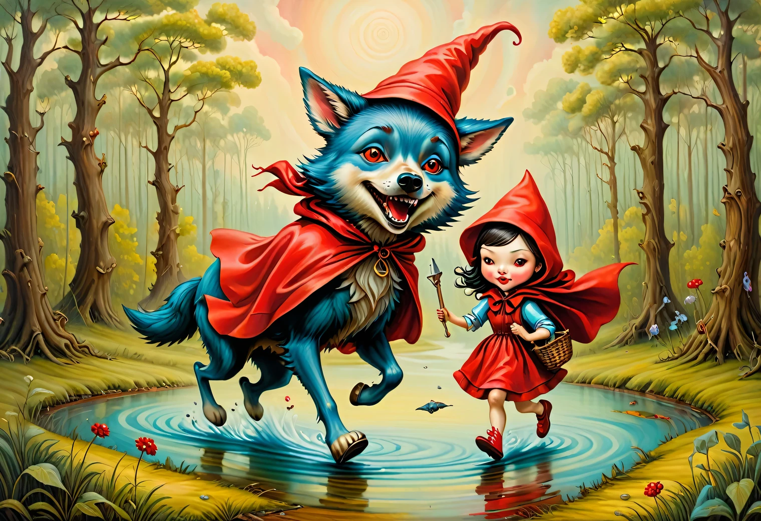 Psychedelic painting in the style of Esau Andrews, the painting depicts the pursuit of a wolf, a cheerful wolf quickly runs away and Little Red Riding Hood chases him, a fabulous swamp, style (Esau Andrews: 1.555), (Mark Ryden: 1.5155), (Xue Wang: 1.1155), surreal oil painting, Author: ESAO, Southern Gothic, artistic style, Yana Brick Art, painting in the style of magical realism, pastel colors, clear lines, small details, described in detail, swirling patterns, abstract shapes, surreal, bizarre