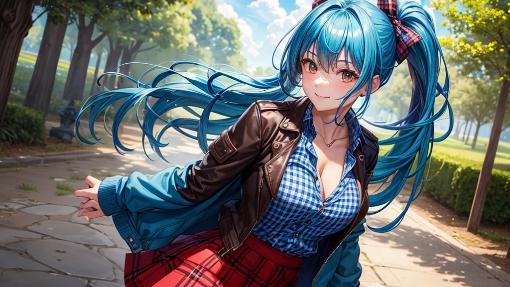 1girl, summer, village, trees, sun, clouds, ((blue hair)), long hair, curly hair, ponytail, large breasts, button down shirt, ((blue checked shirt)), ((unbuttoned shirt)), cleavage 1:3, brown eyes, ((opened brown zipper jacket)), leather jacket, ((red black skirt)), smile, looking at the viewer, touching neck, standing, hair ribbon, golden necklate