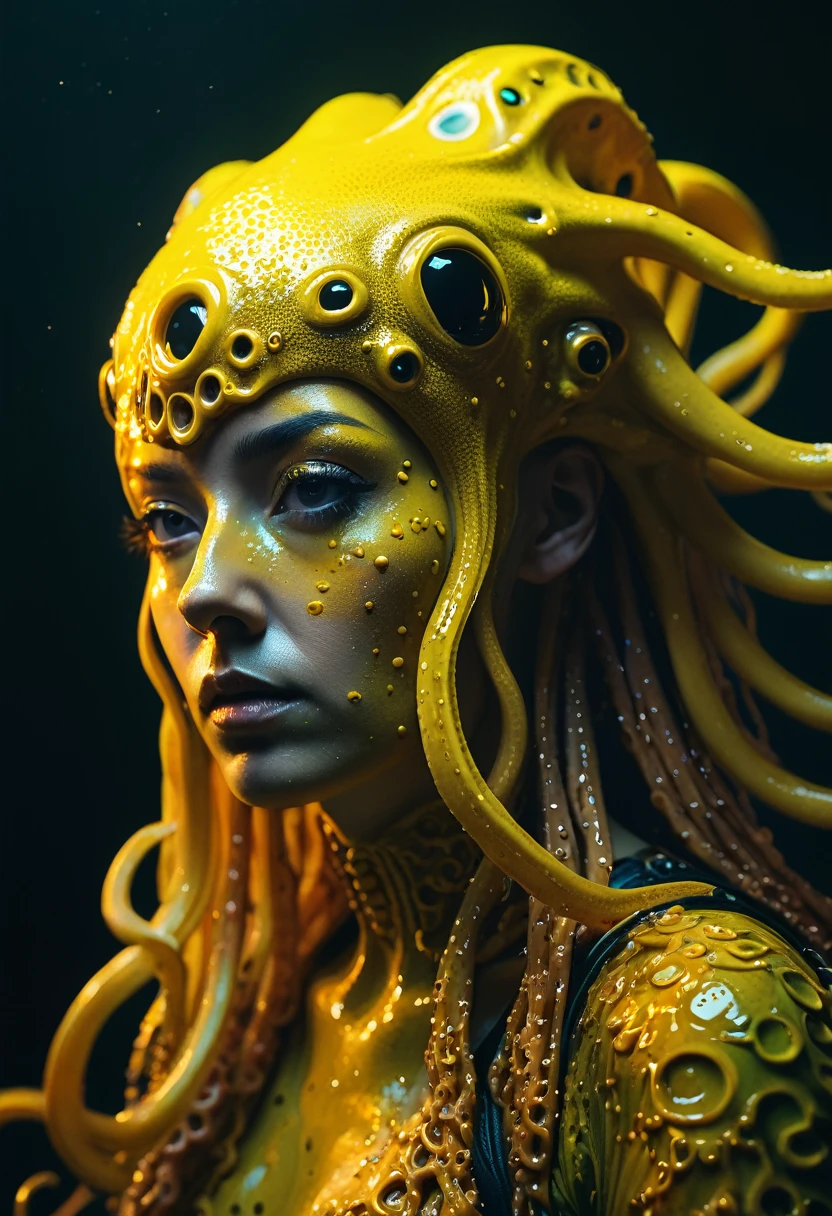 8K, ARTISTIC photogrAphy, best quAlity, mAsterpiece: 1.2), A (potrAit:1.2) witch Cthulhu soldier, YELLOW-BLACK many octopus style tentacles, full body RAW candid cinema, yellow hair, 16mm, color graded portra 400 film, remarkable color, ultra realistic, sad admosphere, dark lighting, oppressive atmosphere, depressive colors, kodak portra 400, photograph,r, Natural Light, Pinhead lighgts, blur reflection, Brush Strokes, Smooth, abstract, Splatter, Oil On Canvas, rainbow colors, fractal isometrics details bioluminescens : a stunning realistic photograph of wet bone structure, 3d render, octane render, intricately detailed, titanium decorative headdress, cinematic, trending on artstation | Isometric | Centered
