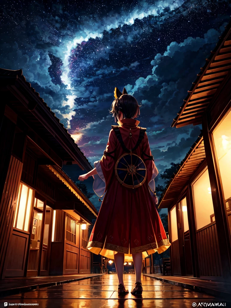 The image shows Nanashi Mumei alone at night in Venezuela, observing the famous phenomenon known as Catatumbo lightning in the distance. She is dressed in a tourist outfit and has a camera to capture the rather wonderful phenomenon. In the picture, lightning can be seen lighting up the night sky as she Nanashi Mumei watches in fascination. The environment is detailed with an impressive recreation of the nocturnal nature of the Zulia state. Everything is animated and the quality is 16k which makes for a stunning and vibrant image.