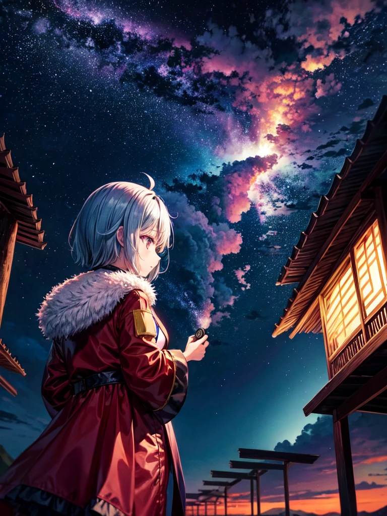 The image shows Nanashi Mumei alone at night in Venezuela, observing the famous phenomenon known as Catatumbo lightning in the distance. She is dressed in a tourist outfit and has a camera to capture the rather wonderful phenomenon. In the picture, lightning can be seen lighting up the night sky as she Nanashi Mumei watches in fascination. The environment is detailed with an impressive recreation of the nocturnal nature of the Zulia state. Everything is animated and the quality is 16k which makes for a stunning and vibrant image.