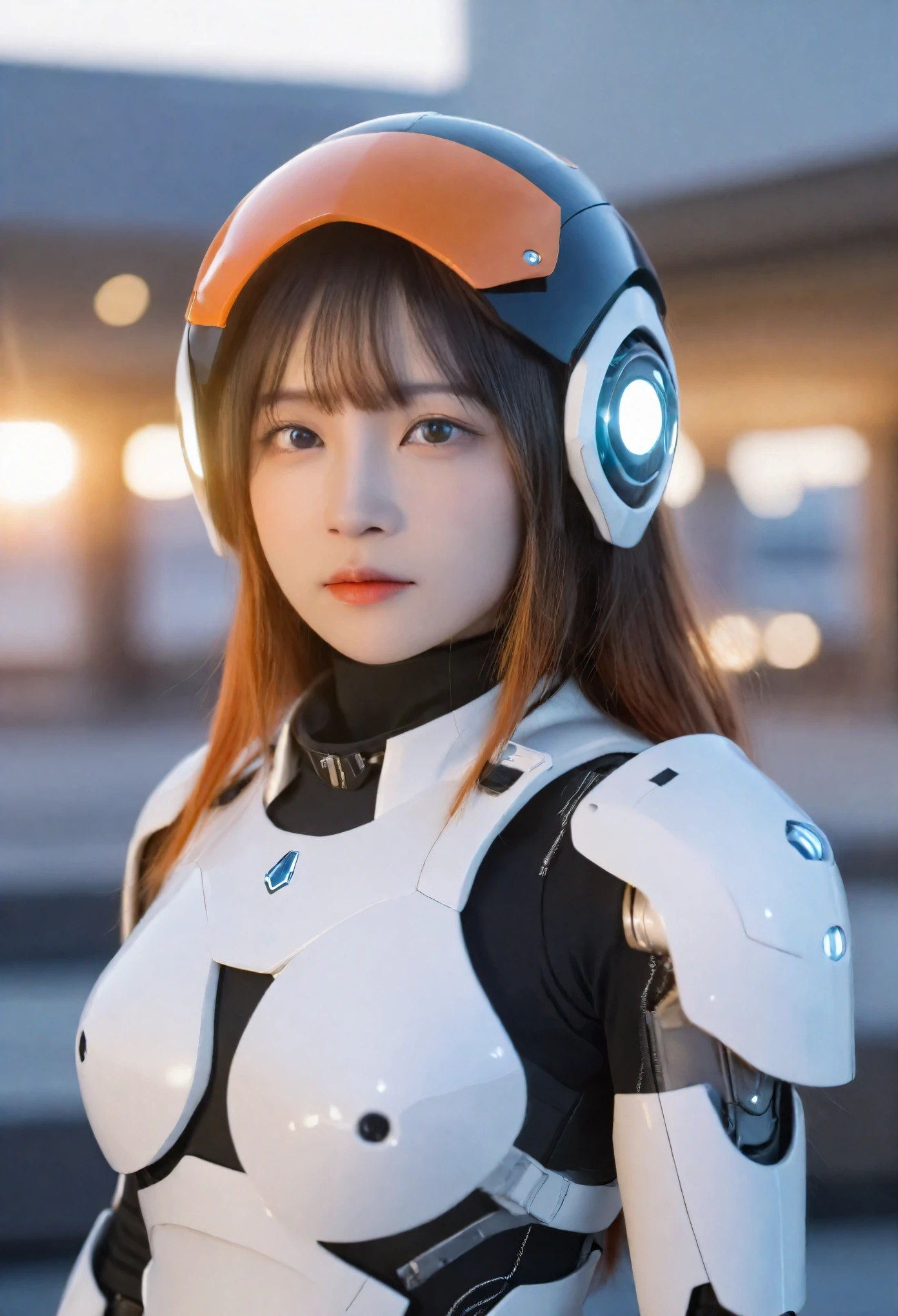 a female character wearing futuristic armor. She wears an advanced full-coverage helmet with a metallic surface and multiple orange indicator lights. Her eyes looked focused and her face had a calm expression. Her armor also has a high-tech feel and is rich in details. The color is mainly gray and white with black lines and some orange lighting embellishments. The armor is very intricately designed and appears to provide additional functionality or protection. The background,although blurry,is identifiable as an urban setting,suggesting that this could be in a busy metropolis.,fabric draping,photoshoot,artistic composition,side lighting,blue gradient dress,tranquil atmosphere,delicate accessories,hair ornaments.,porous texture,lunar colony terrace,centered subject,very very highly detailed,Cyborg figure,advanced robotics,Lovecraftian horror,visual storytelling,suave