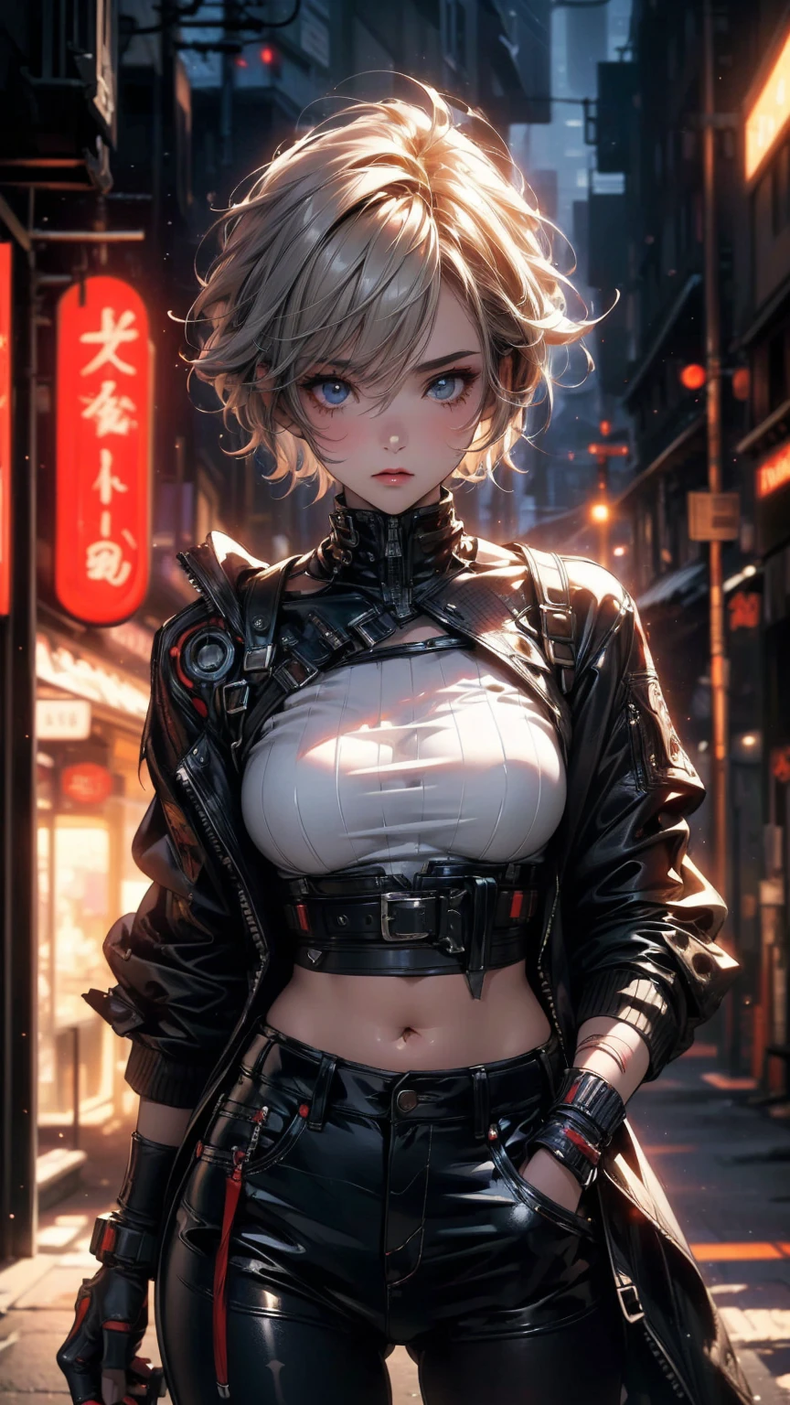 ((Highly detailed CG unit 8K wallpaper, masterpiece, High resolution, highest quality)), Structure from head to thighs:1.3, Upper body focus, 20-year-old woman, Ash gray short hair, Avant-garde makeup, Hands in pockets pose:1.5, cyber punkファッション, Blurred Background, cyber punk, An empty alley, Cinema Lighting, Anime Style, Simple lines, Digital Painting,