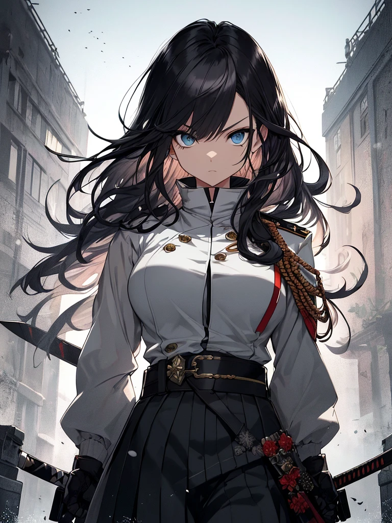Japanese Katana Sword、Samurai sword、Full body、White one-piece military uniform、 Jet black head of hair,(masutepiece:1.2, Best Quality), (finely detailed beautiful eye: 1.2), (Detailed background,Dark Fantasy), (beautifull detailed face), High contrast, (Best Illumination, extremely delicate and beautiful), ((Cinematic Light)), Colorful, Hyper Detail, Dramatic light, Intricate details,Very blue eyes, Shining eyes, long hair flowing with the wind、large full breasts、Belt under the chest、White military uniform, skirt by the, large full breasts, Long hair fluttering in the wind, swords, jet-black hair, Blue eyes, Black tie, Belt under the chest, Serious look,