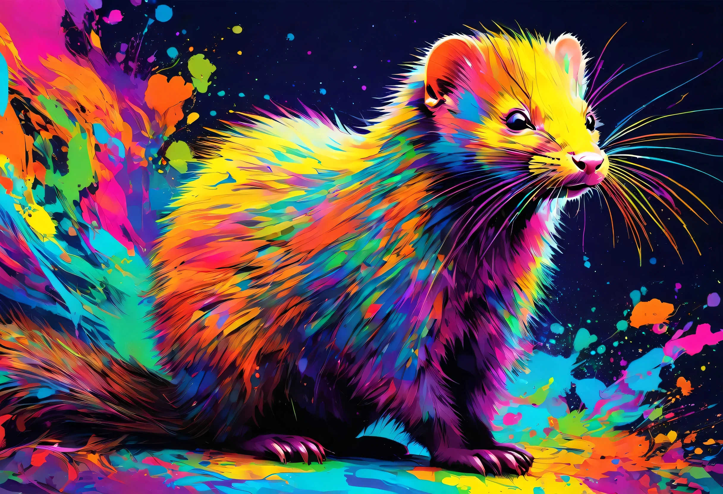 An American Mink with colorful paint on its whole body and leaves, vector art：Zahari Zograf, Trending on Pexels, psychedelic art, Rich in color and detail, A complex and colorful masterpiece, art：Alessandro Pautasso, very complex and colorful, colorful hd images, A colorful and intricate masterpiece, High quality HD digital art, great digital art, very colorful