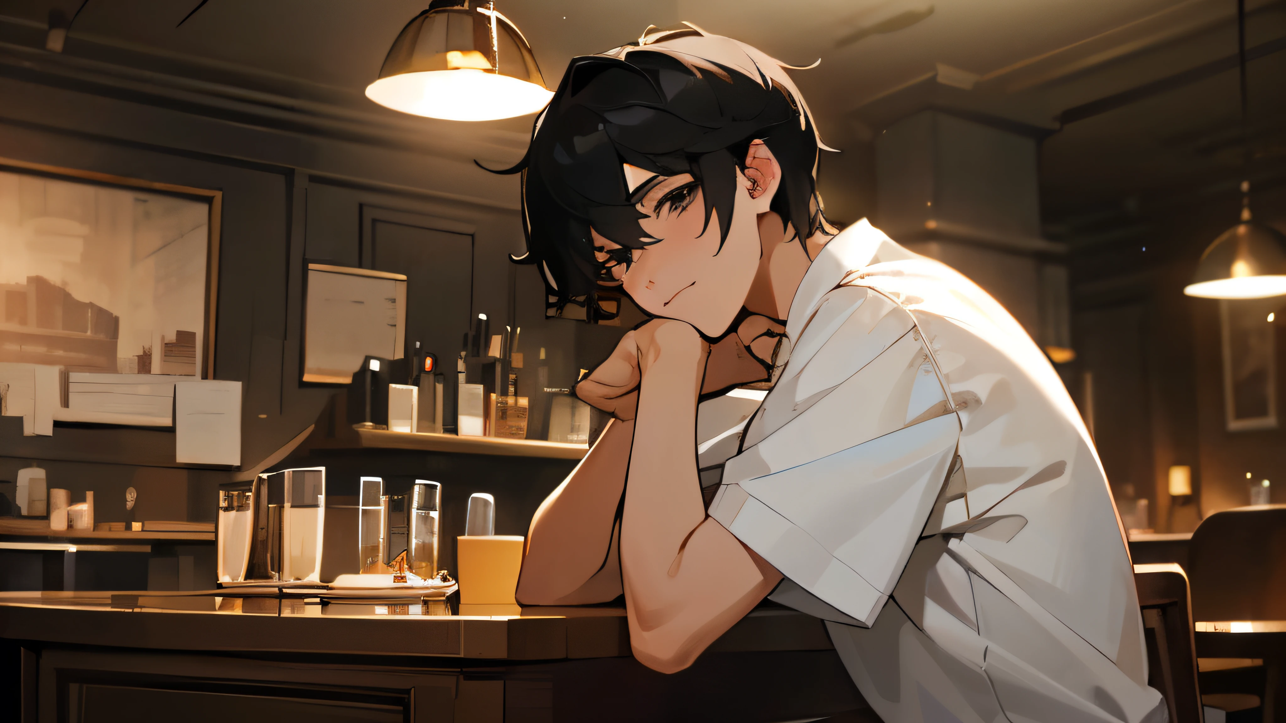 Beautiful illustrations, highest quality, Handsome high school student,Boyfriend white shirt, Stylish cafe, Baby Face, Beautiful black hair, Beautiful and exquisite black eyes, Cinema Lighting, View your viewers, Happy