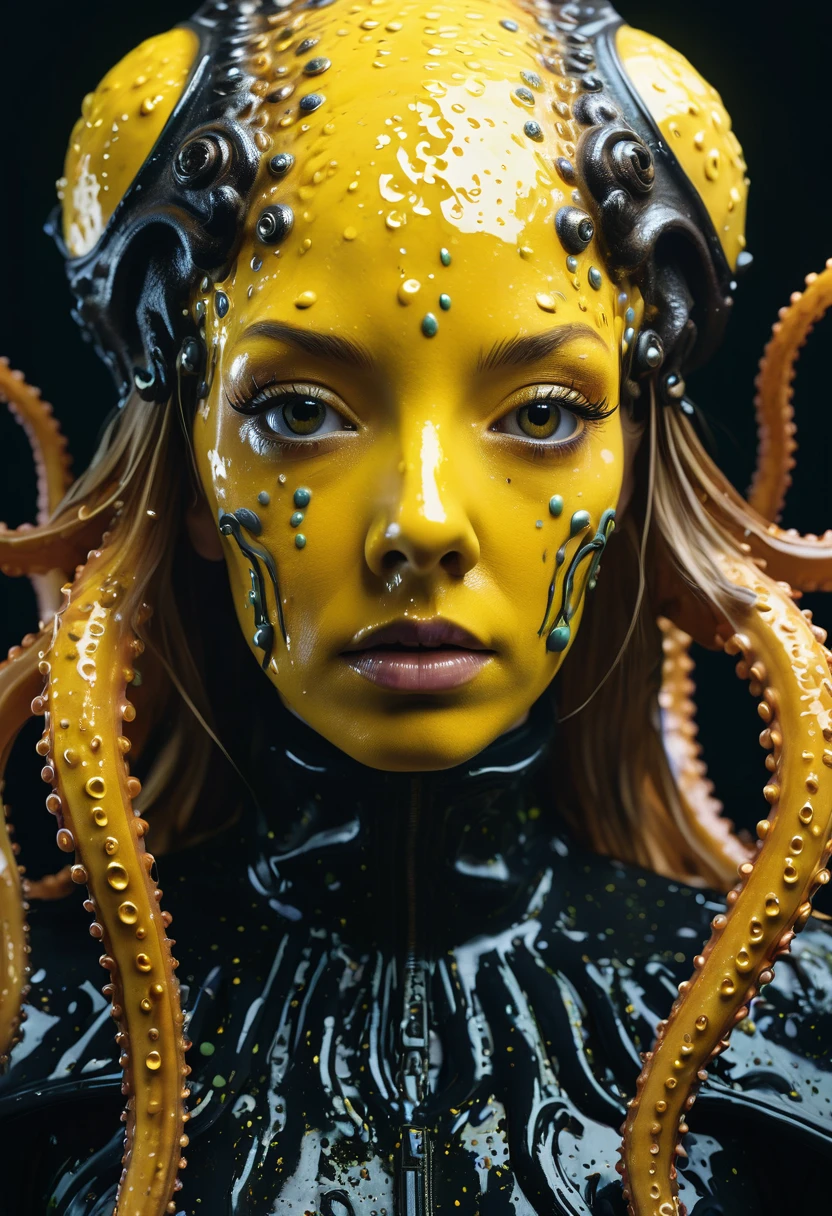 8K, ARTISTIC photogrAphy, best quAlity, mAsterpiece: 1.2), A (potrAit:1.2) witch Cthulhu soldier, YELLOW-BLACK many octopus style tentacles, full body RAW candid cinema, yellow hair, 16mm, color graded portra 400 film, remarkable color, ultra realistic, sad admosphere, dark lighting, oppressive atmosphere, depressive colors, kodak portra 400, photograph,r, Natural Light, Pinhead lighgts, blur reflection, Brush Strokes, Smooth, abstract, Splatter, Oil On Canvas, rainbow colors, fractal isometrics details bioluminescens : a stunning realistic photograph of wet bone structure, 3d render, octane render, intricately detailed, titanium decorative headdress, cinematic, trending on artstation | Isometric | Centered