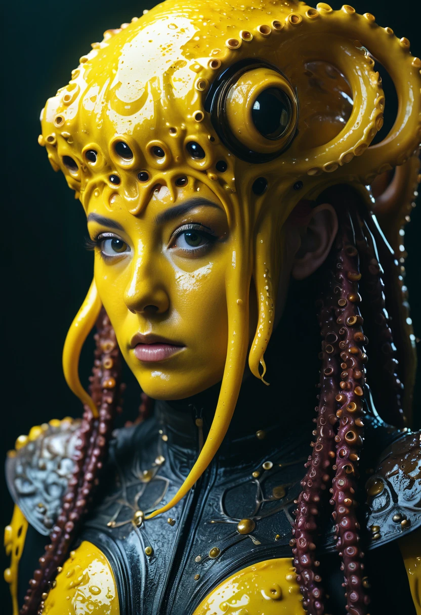 8K, ARTISTIC photogrAphy, best quAlity, mAsterpiece: 1.2), A (potrAit:1.2) witch Cthulhu soldier, YELLOW-BLACK many octopus style tentacles, full body RAW candid cinema, yellow hair, 16mm, color graded portra 400 film, remarkable color, ultra realistic, sad admosphere, dark lighting, oppressive atmosphere, depressive colors, kodak portra 400, photograph,r, Natural Light, Pinhead lighgts, blur reflection, Brush Strokes, Smooth, abstract, Splatter, Oil On Canvas, rainbow colors, fractal isometrics details bioluminescens : a stunning realistic photograph of wet bone structure, 3d render, octane render, intricately detailed, titanium decorative headdress, cinematic, trending on artstation | Isometric | Centered