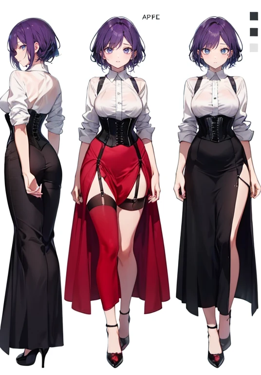 Purple Hair,Shortcuts,Adult female,bartender,((Body Harness)),((Rolling up your sleevesYshirt)),(corset),((long skirt)),(slit),garter belt,High heels,((Simple Background)),smile,((Full Body)),((full body)),((whole body)),Character Sheet,