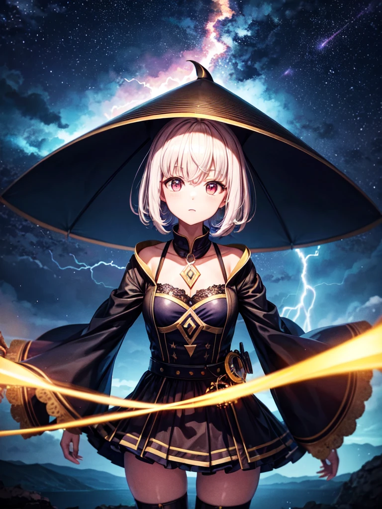 The image shows Nanashi Mumei alone at night in Venezuela, observing the famous phenomenon known as Catatumbo lightning in the distance. She is dressed in a tourist outfit and has a camera to capture the rather wonderful phenomenon. In the picture, lightning can be seen lighting up the night sky as she Nanashi Mumei watches in fascination. The environment is detailed with an impressive recreation of the nocturnal nature of the Zulia state. Everything is animated and the quality is 16k which makes for a stunning and vibrant image.