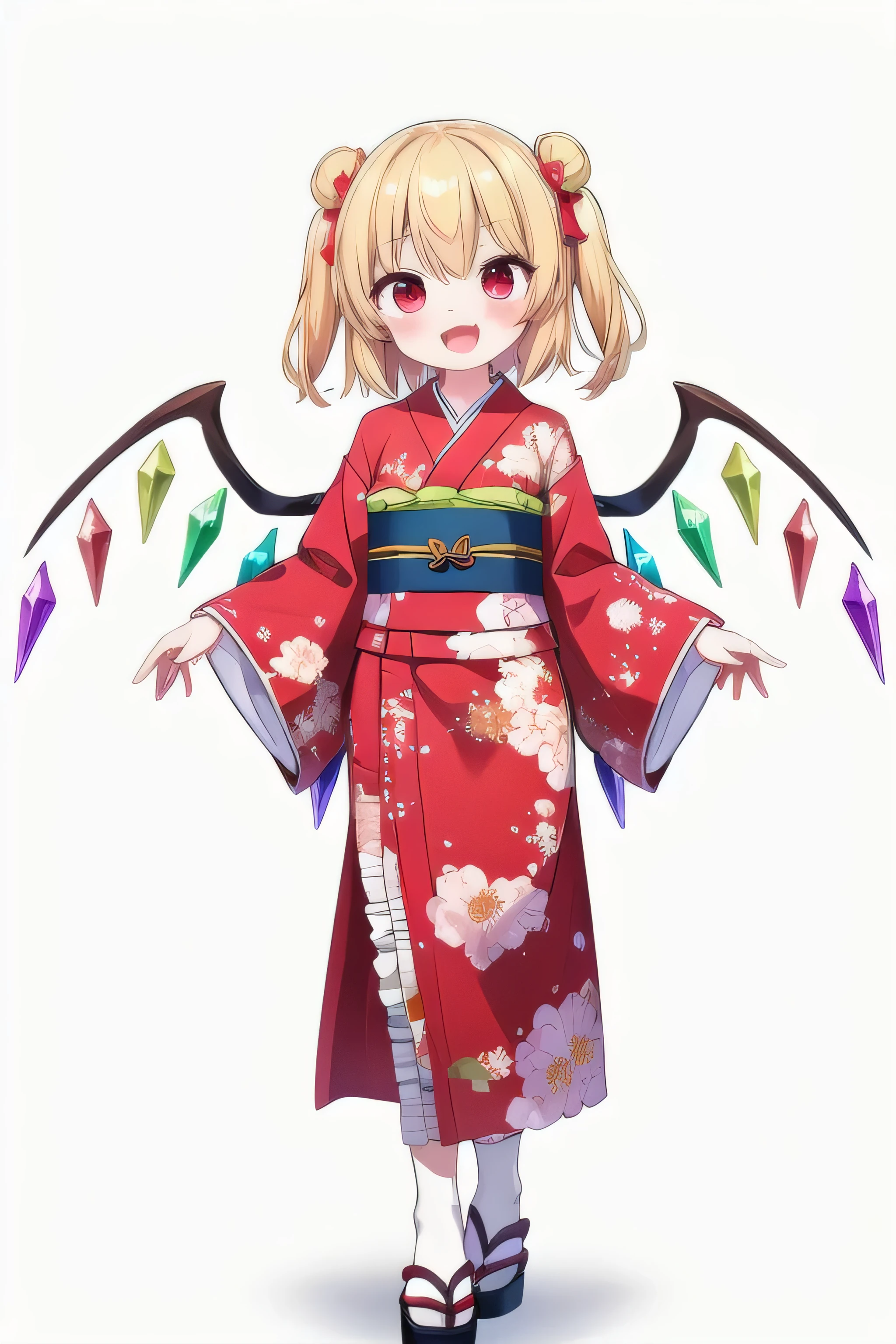 masterpiece, top quality, super detailed, CG illustration, high resolution, better lighting, best shadows, very delicate and beautiful, proper shading, hd, 8k,flandre scarlet, 1girl, solo, looking at viewer, blush, smile, short hair, open mouth, bangs, blonde hair, simple background, red eyes, long sleeves, white background, standing, full body, :d, frills, japanese clothes, wings, alternate costume, fang, wide sleeves, kimono, hair bun, black footwear, sash, one side up, obi, floral print, crystal, red kimono