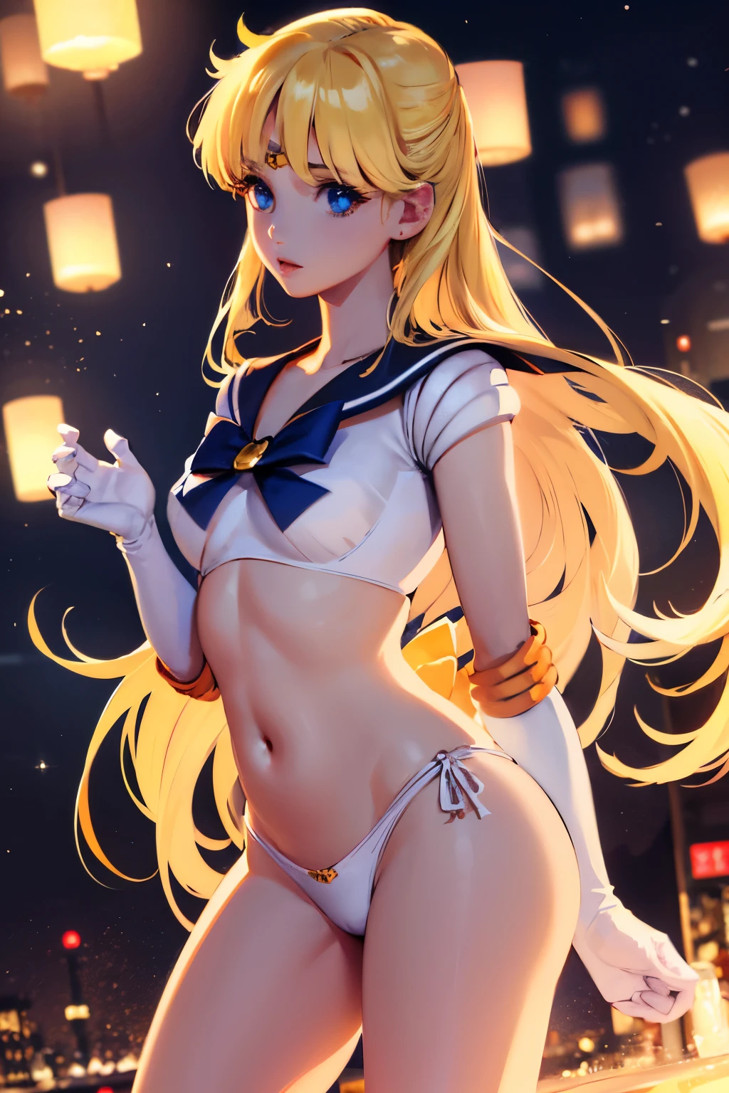 sailor venus, 4k quality, (masterpiece), photorealistic, 1 woman, blonde hair, blue eyes, expressive eyes, beautiful woman, long hair, tiny white bra, black lace, white panties, in a bar