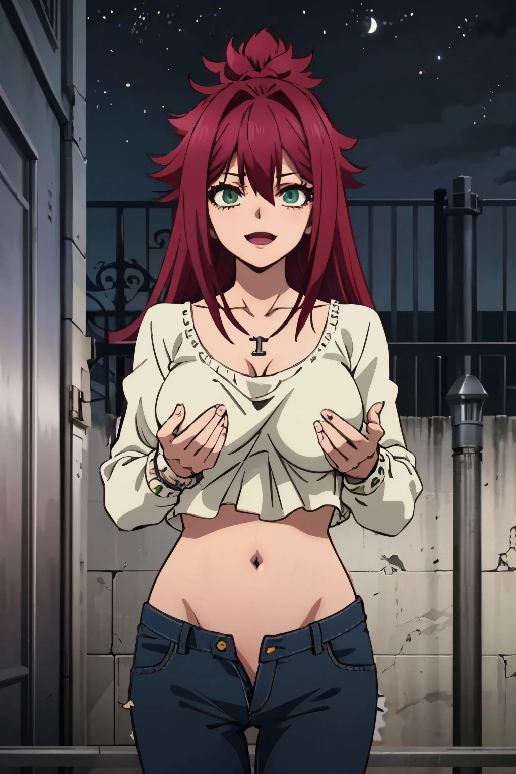 Rin, smile, large breast, masterpiece, best quality, highly detailed, cross necklace, outdoors, rooftop, cityscape, building, railing, night, night sky, scenery, moon, city lights, blush, lipstick,
masterpiece,high quality,4k, sweater ,open mouth, long sleve, belly,crop
top,outdoor,jeans,street,road,smile, holding a gun,handgun, evil expression, exposed belly, exposed
navel, exposed midriff, exposed lower belly, unbuttoned jeans , low rise black jeans, Low rise jeans, Low
rise jeans with open fly, navel piercing